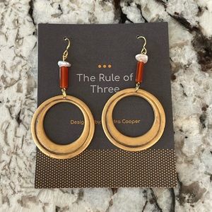 NWT Earrings Gold Drop Hoops with Pearl and Orange/Red Beads